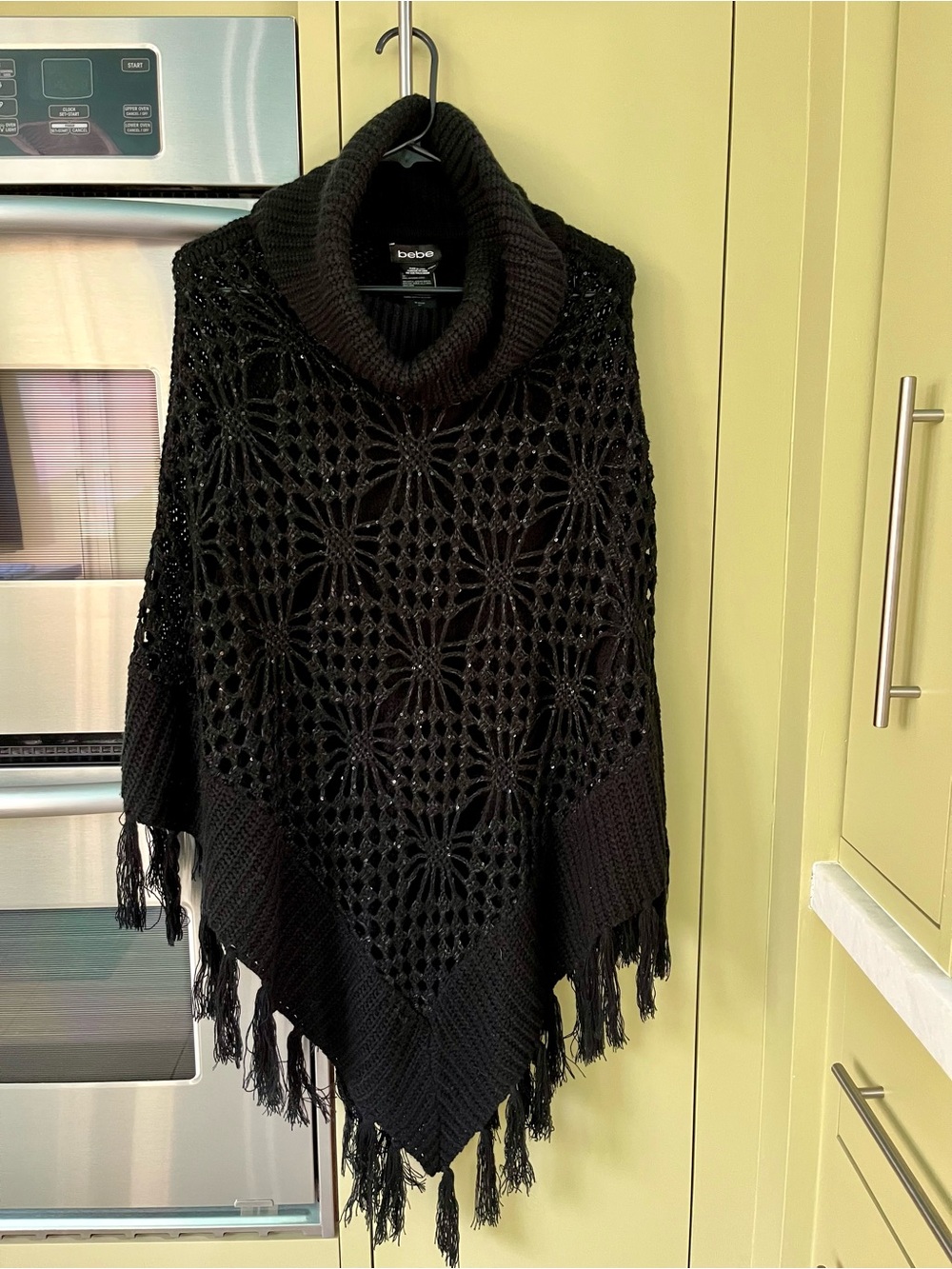 bebe Black Open-Knit Fringe Poncho with Cowl Neck Poncho - Picture 5 of 6